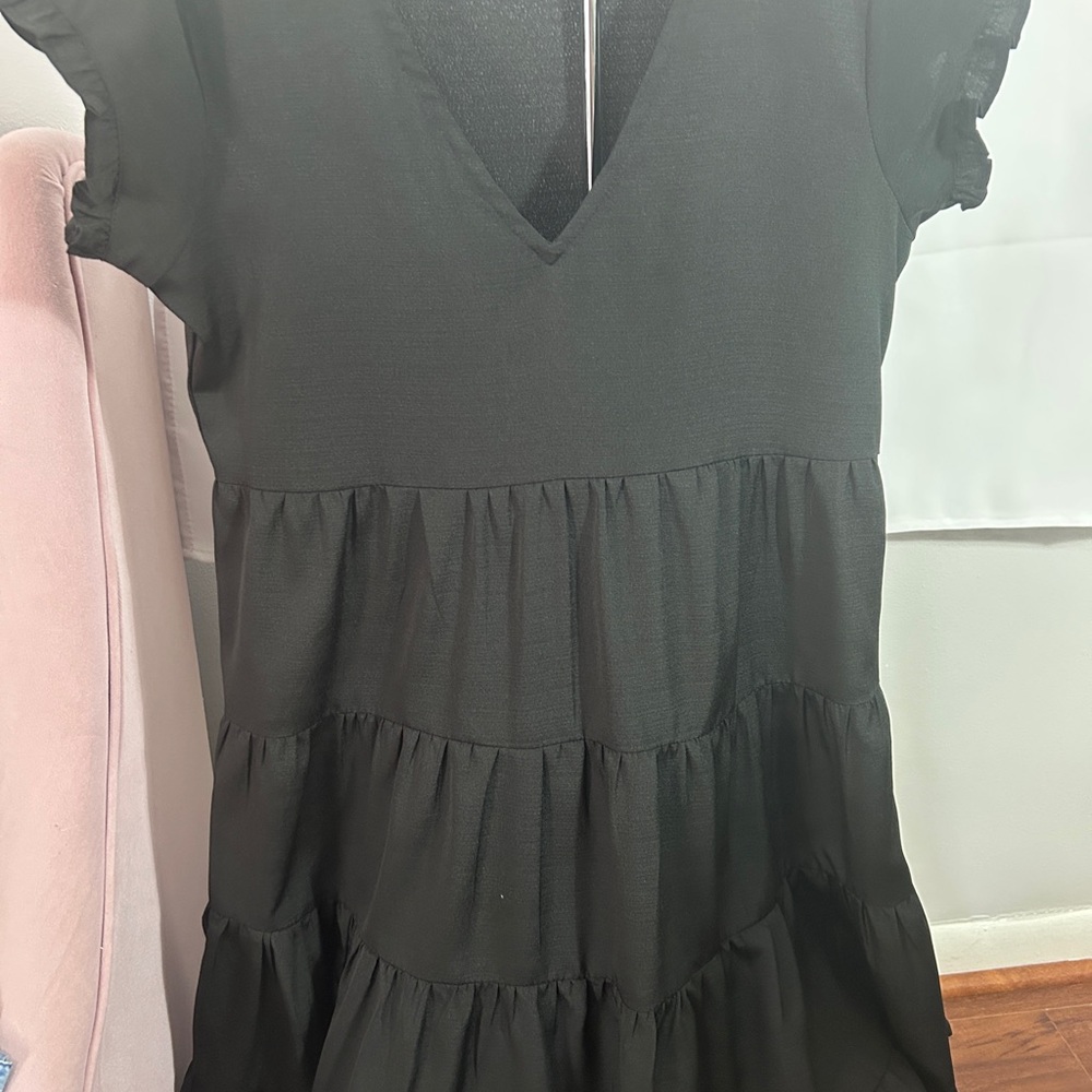 Black Flutter Sleeve V-neck Tiered Babydoll Dress